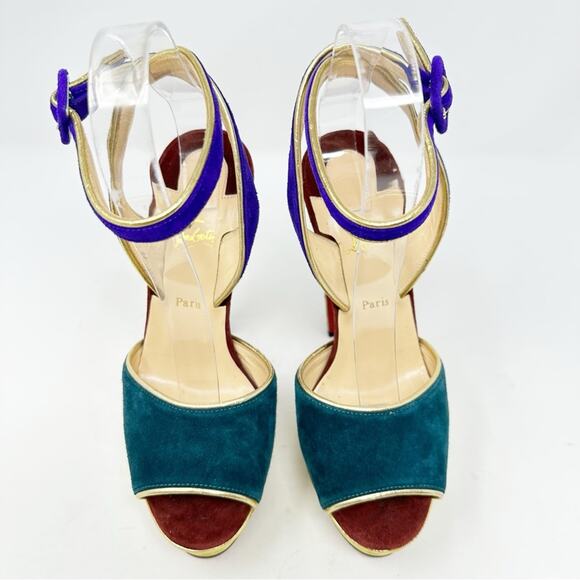 Christian Louboutin Louloudance Suede Colorblock Platform Sandals Heels Size 37 - Picture 2 of 12